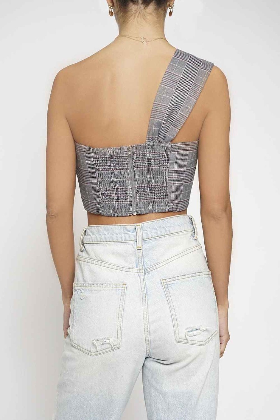 Women Sans Souci Crop Tops | One Shoulder Plaid Bralette