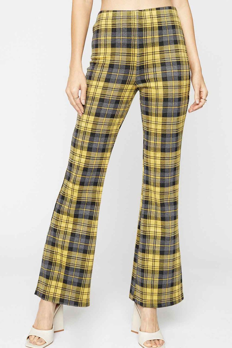 Women Sans Souci Pants | Knit Plaid Bell Bottoms Yellow