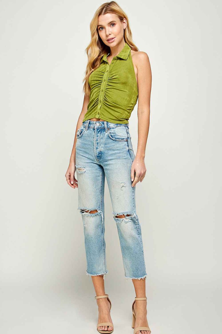 Women Sans Souci Sleeveless Tops | Slinky Shirred Halter Top Chartreuse