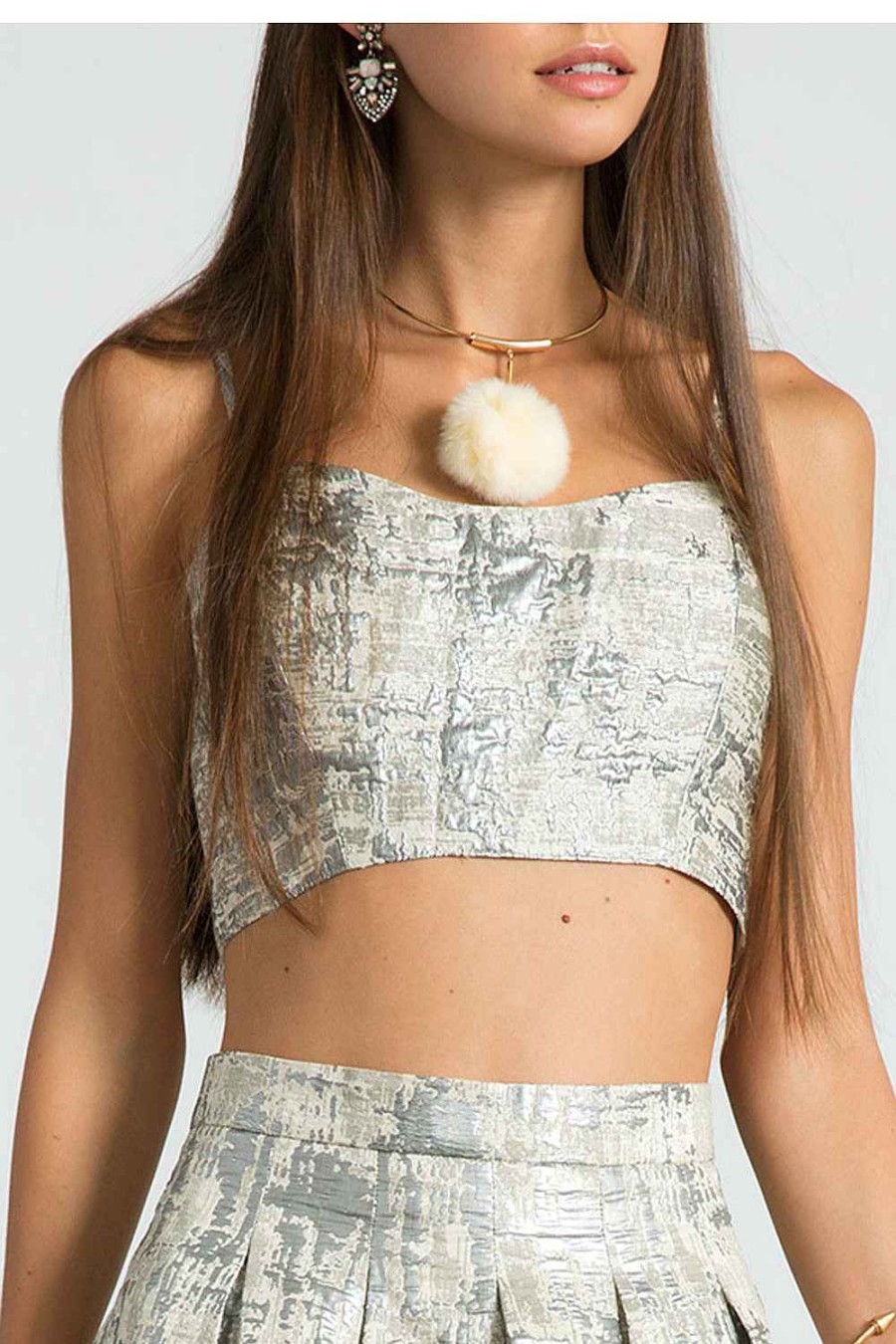 Women Sans Souci Tank Tops | Brocade Crop Top Silver