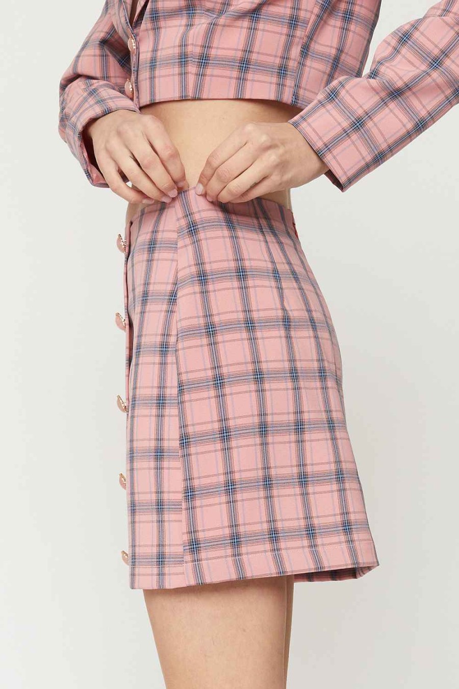 Women Sans Souci Skirts | Button Plaid Mini Skirt Salmon Blue