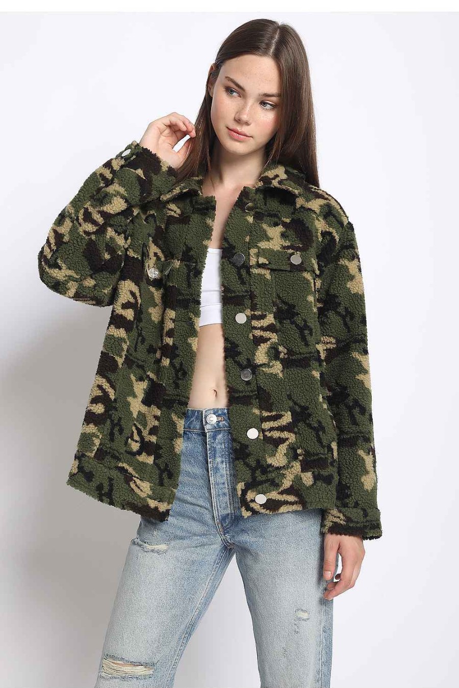 Women Sans Souci Jackets | Teddy Trucker Jacket Camo