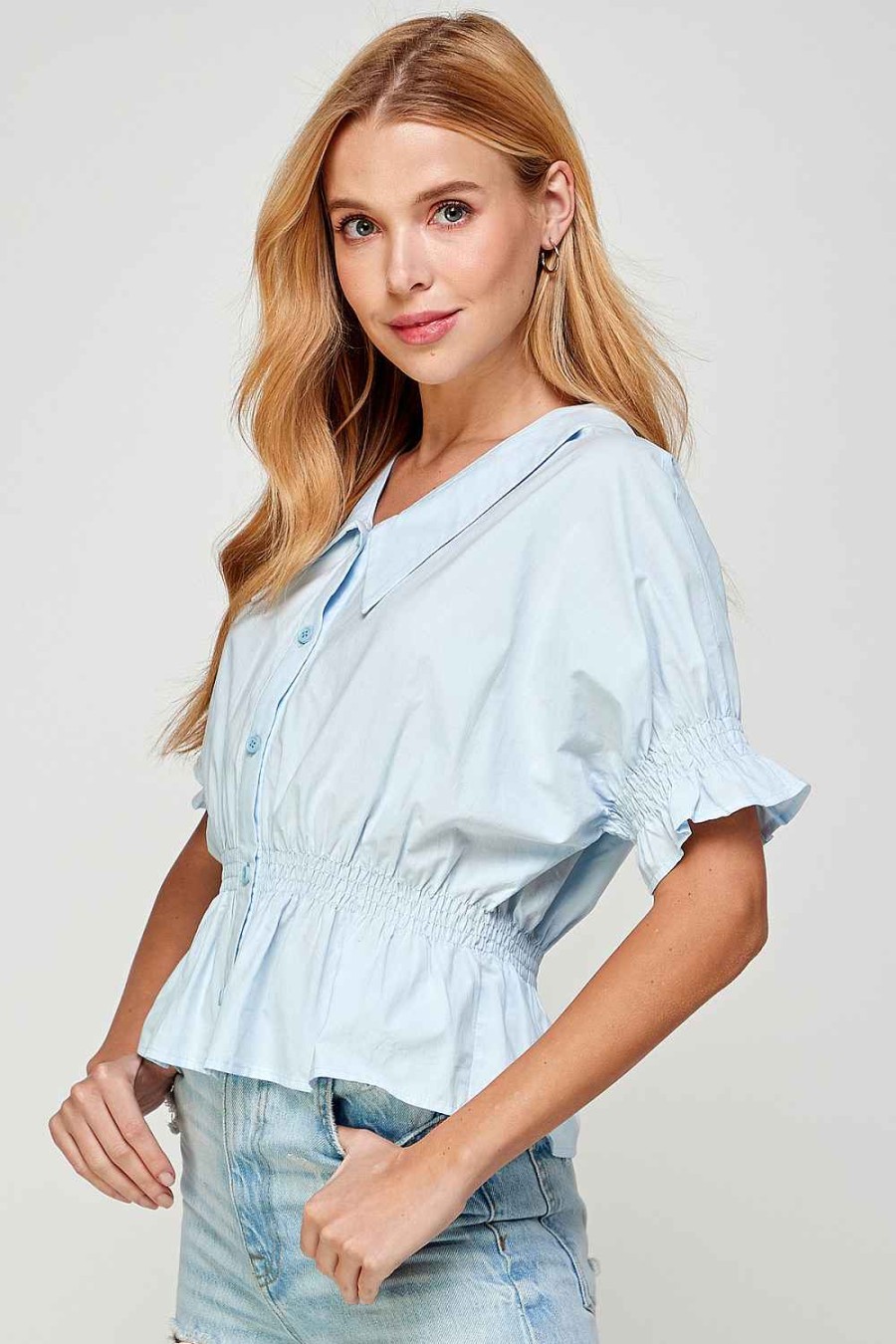 Women Sans Souci Short Sleeve Tops | Chelsea Collar Poplin Top Lt Blue