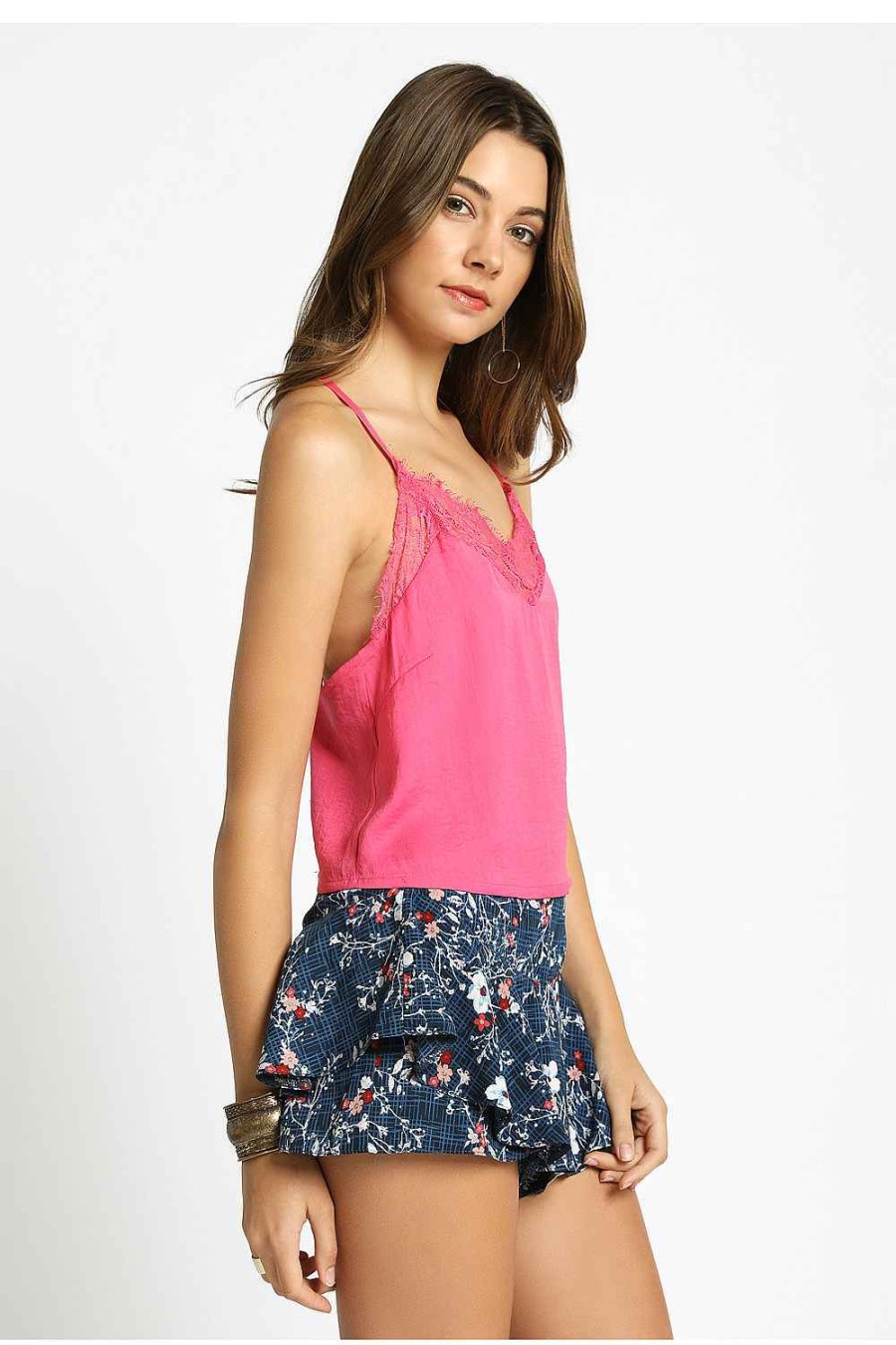 Women Sans Souci Tank Tops | Lace Trinmmed Button Back Cami Fuchsia