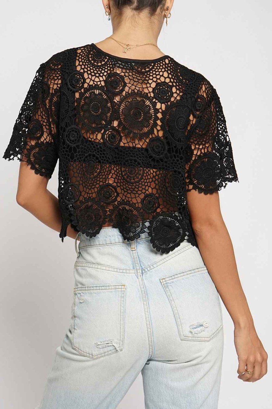 Women Sans Souci 1/2 Sleeve Tops | Boxy Crochet Lace Crop Top