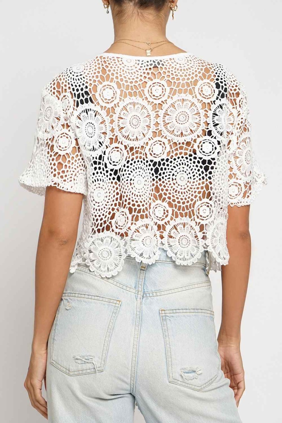 Women Sans Souci 1/2 Sleeve Tops | Boxy Crochet Lace Crop Top