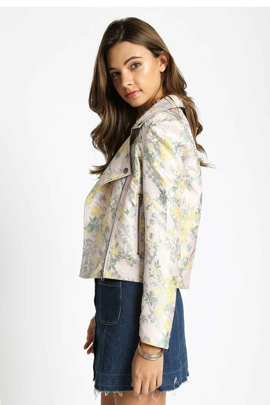 Women Sans Souci Jackets | Floral Brocade Moto Jacket Pink