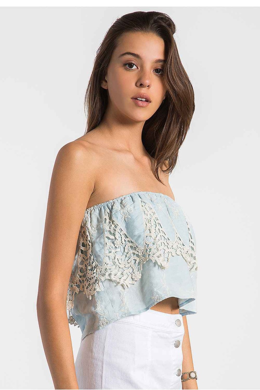 Women Sans Souci Sleeveless Tops | Embroidered Border Lace Tube Top Lt Blue