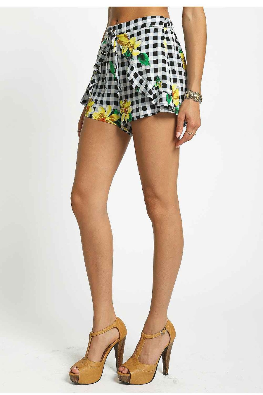 Women Sans Souci Shorts | Floral Checker Ruffle Shorts