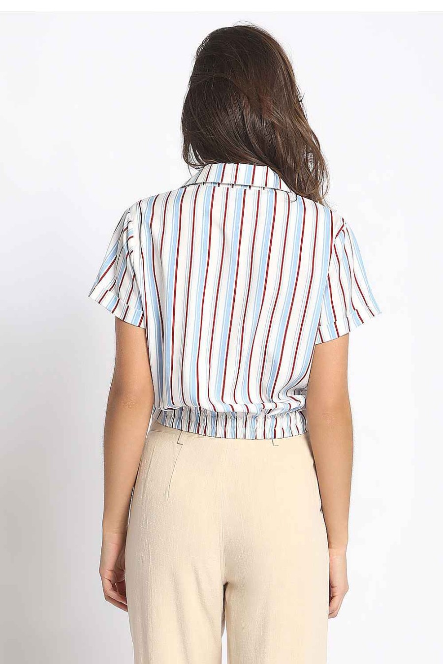 Women Sans Souci Shirts & T-Shirts | Striped Button Front Top White Blue