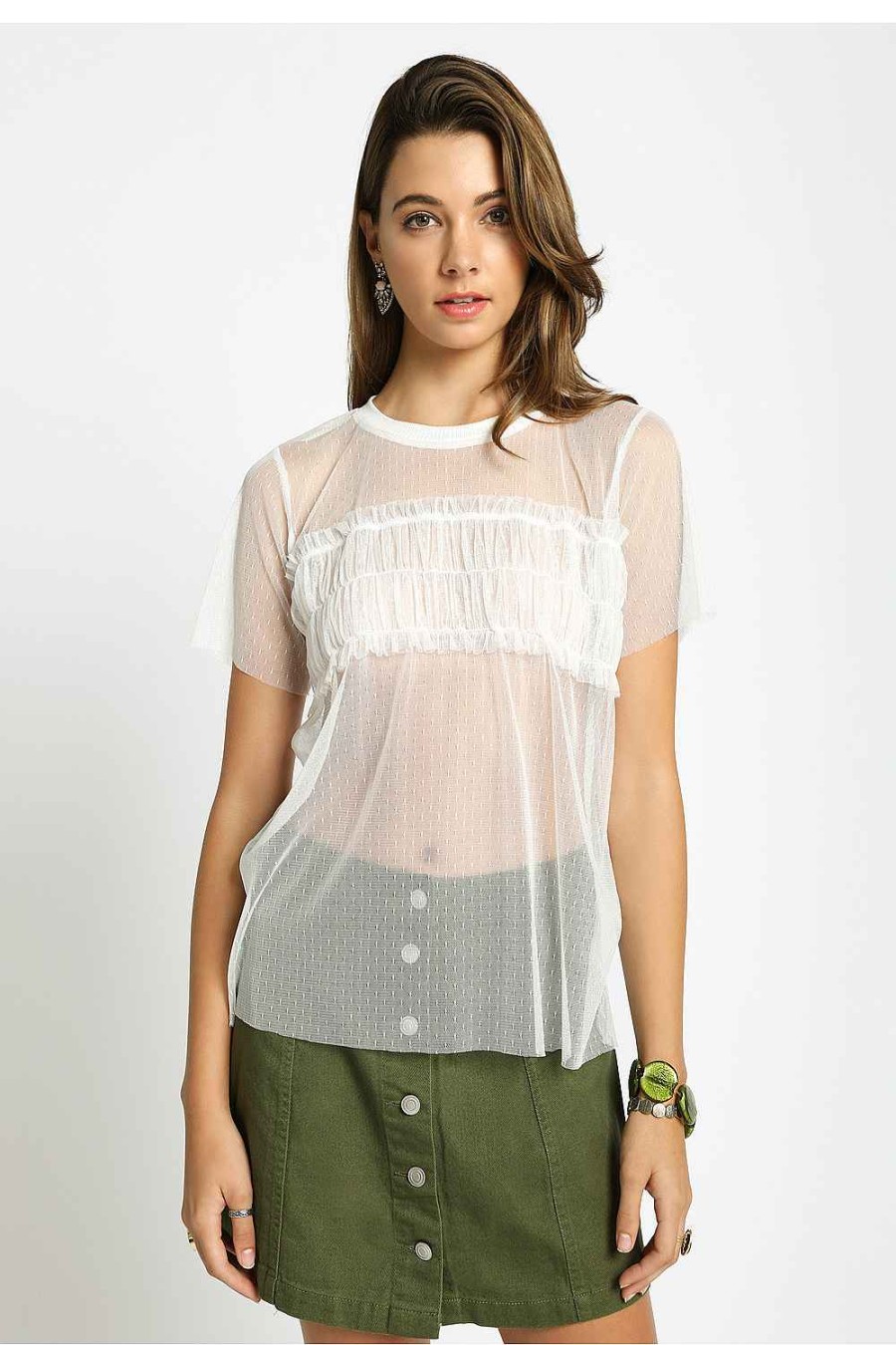 Women Sans Souci Short Sleeve Tops | Mesh Tee With Smock Embellishment