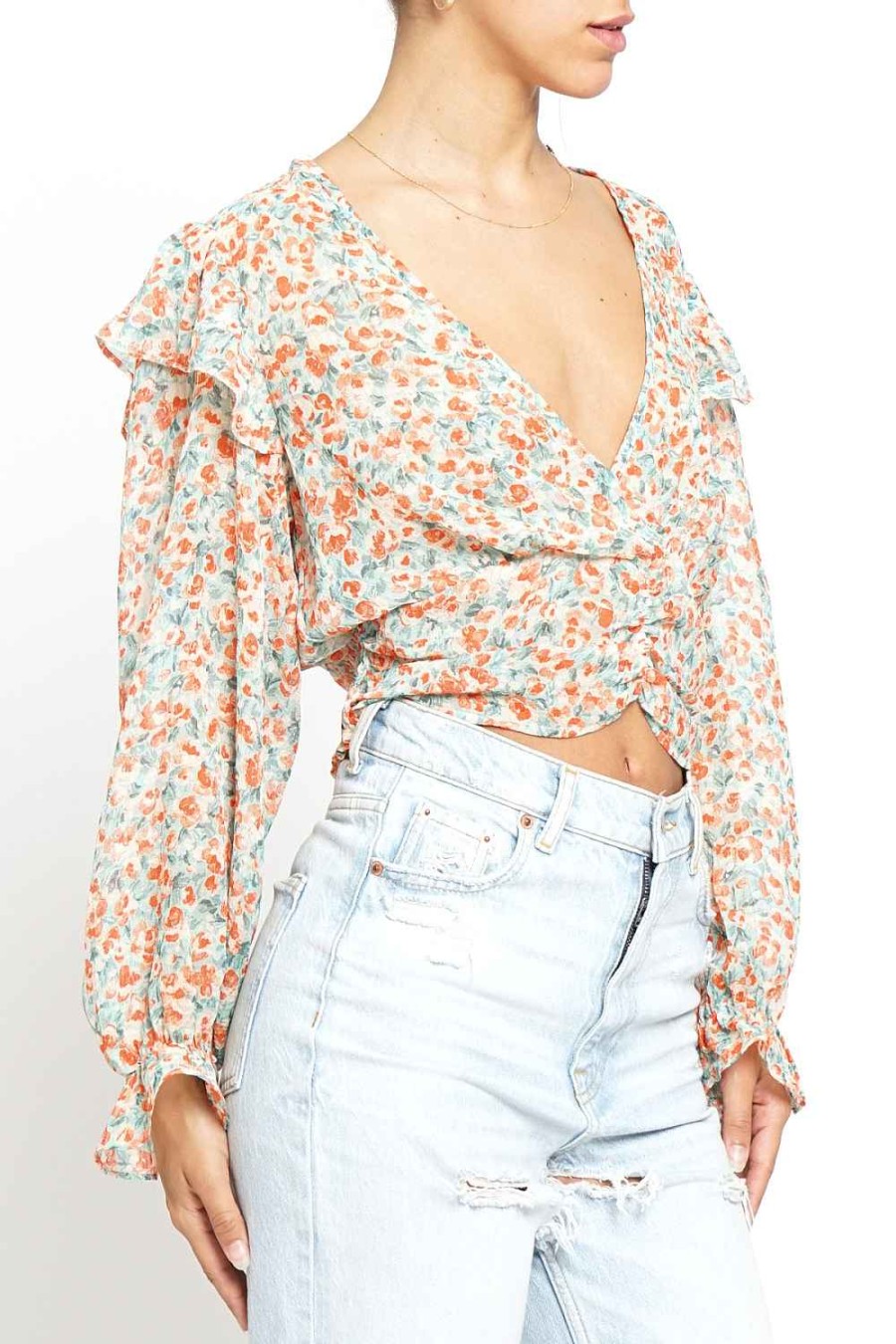 Women Sans Souci Long Sleeve Tops | Ruffle Ruched Floral Blouse