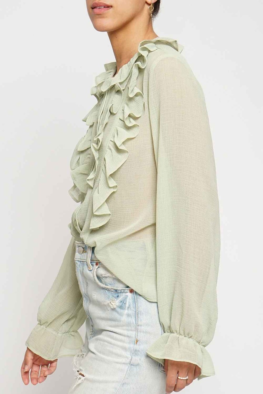 Women Sans Souci Long Sleeve Tops | Ruffled Button Down Blouse