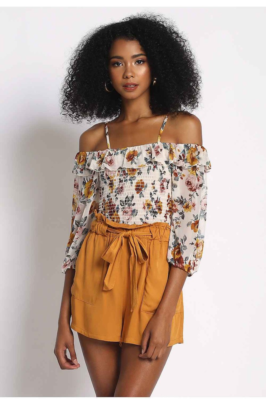 Women Sans Souci Cold Shoulder Tops | Ruffle Floral Top Ivory Multi