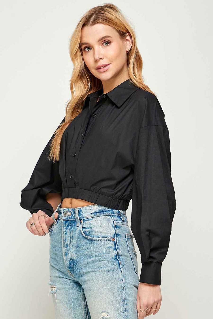 Women Sans Souci Long Sleeve Tops | Open Sleeve Button Top Black