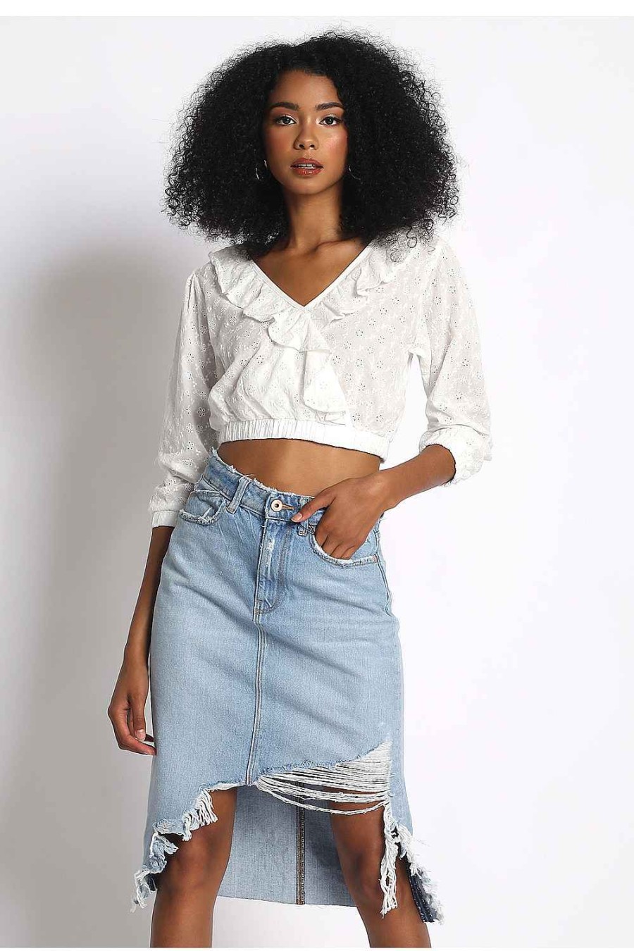 Women Sans Souci Crop Tops | Surplice Ruffle Top White