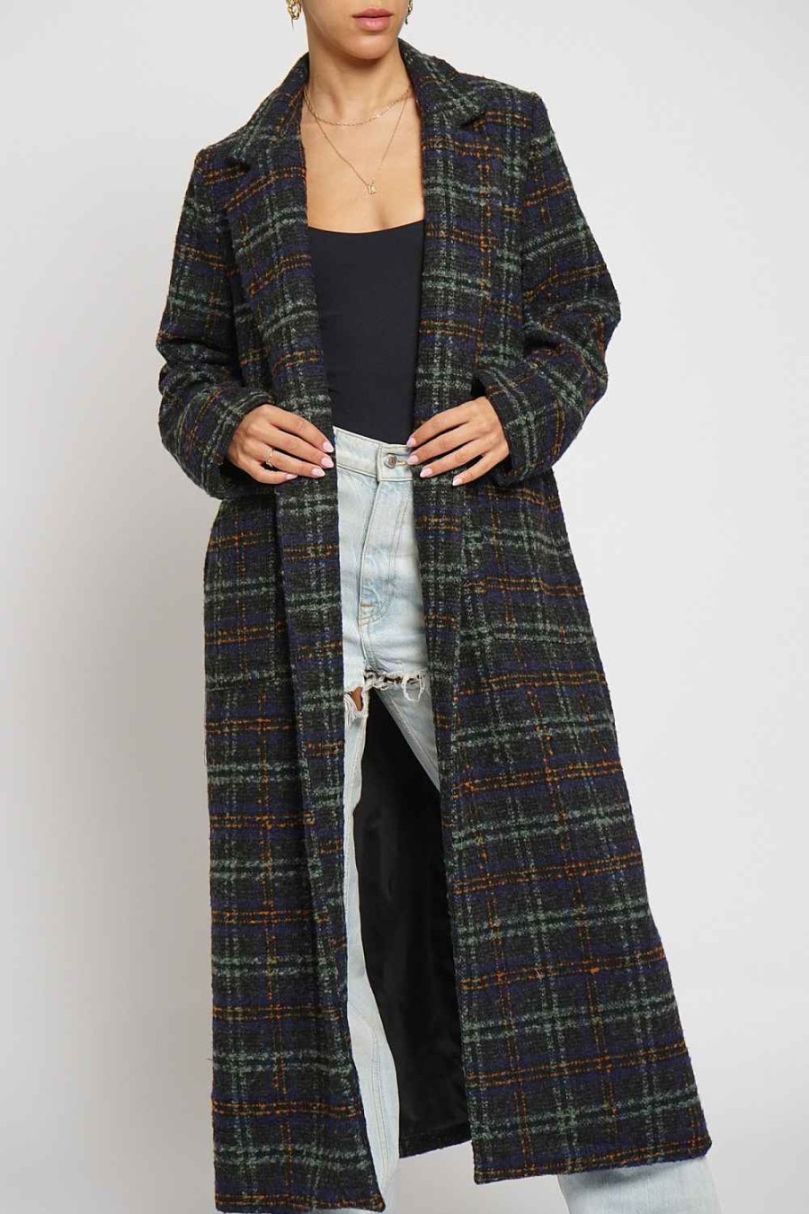 Women Sans Souci Coats | Long Plaid Coat Navy Combo