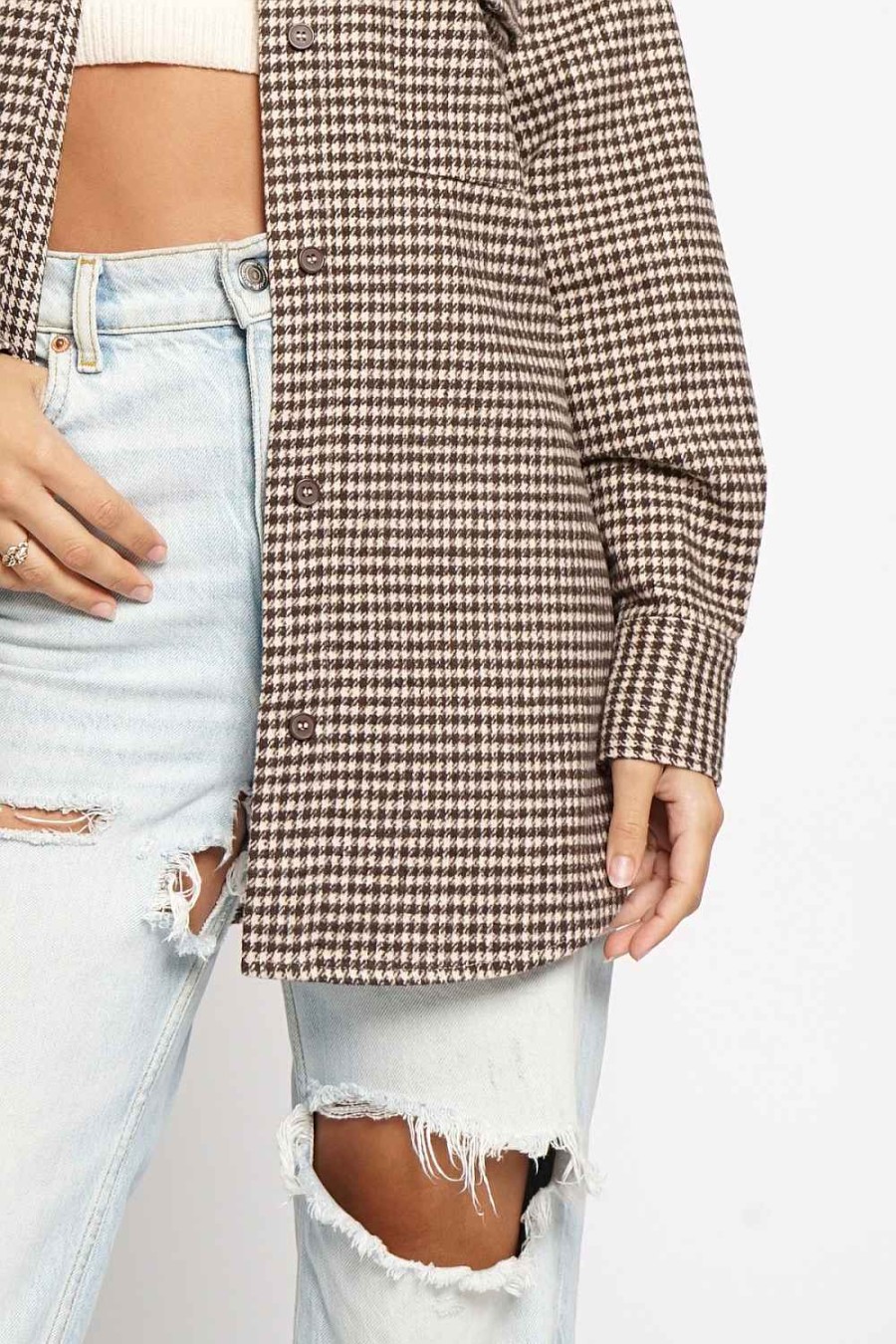 Women Sans Souci Jackets | Houndstooth Flap Pocket Shacket