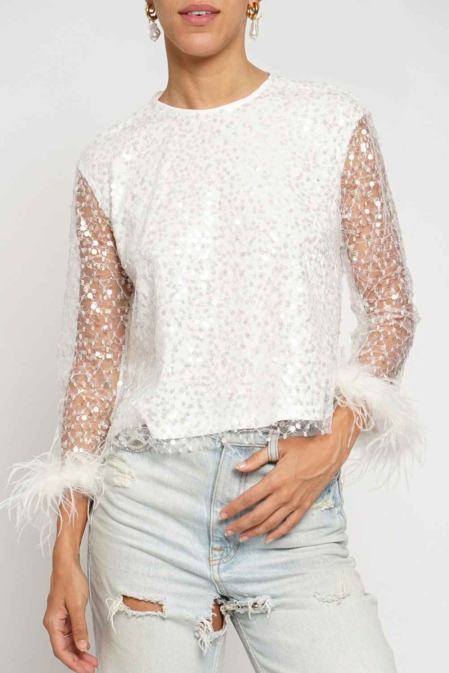 Women Sans Souci Long Sleeve Tops | Sequin Mesh Feather Top