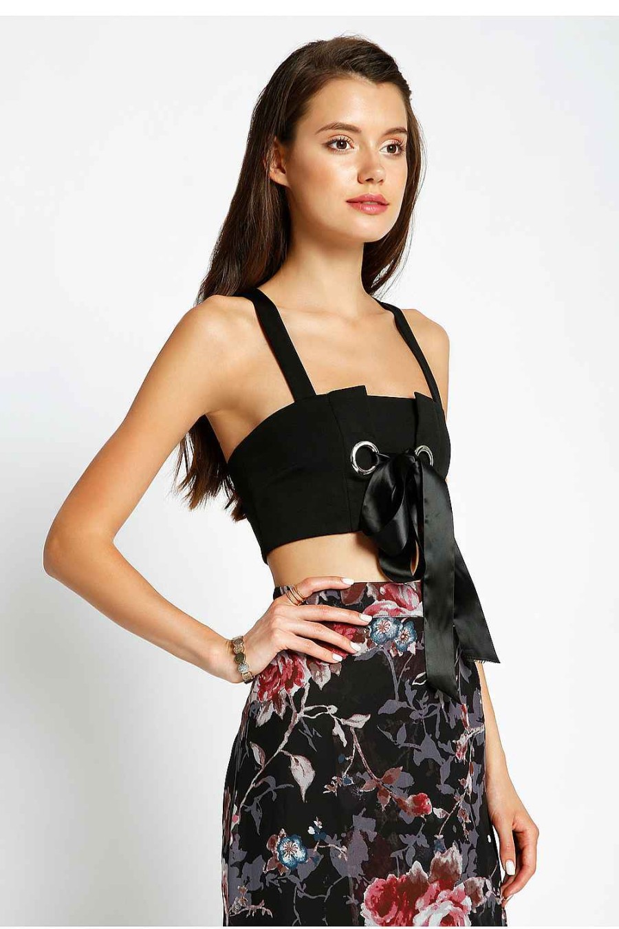 Women Sans Souci Crop Tops | Satin Tie Front Grommet X-Back Crop Top Black