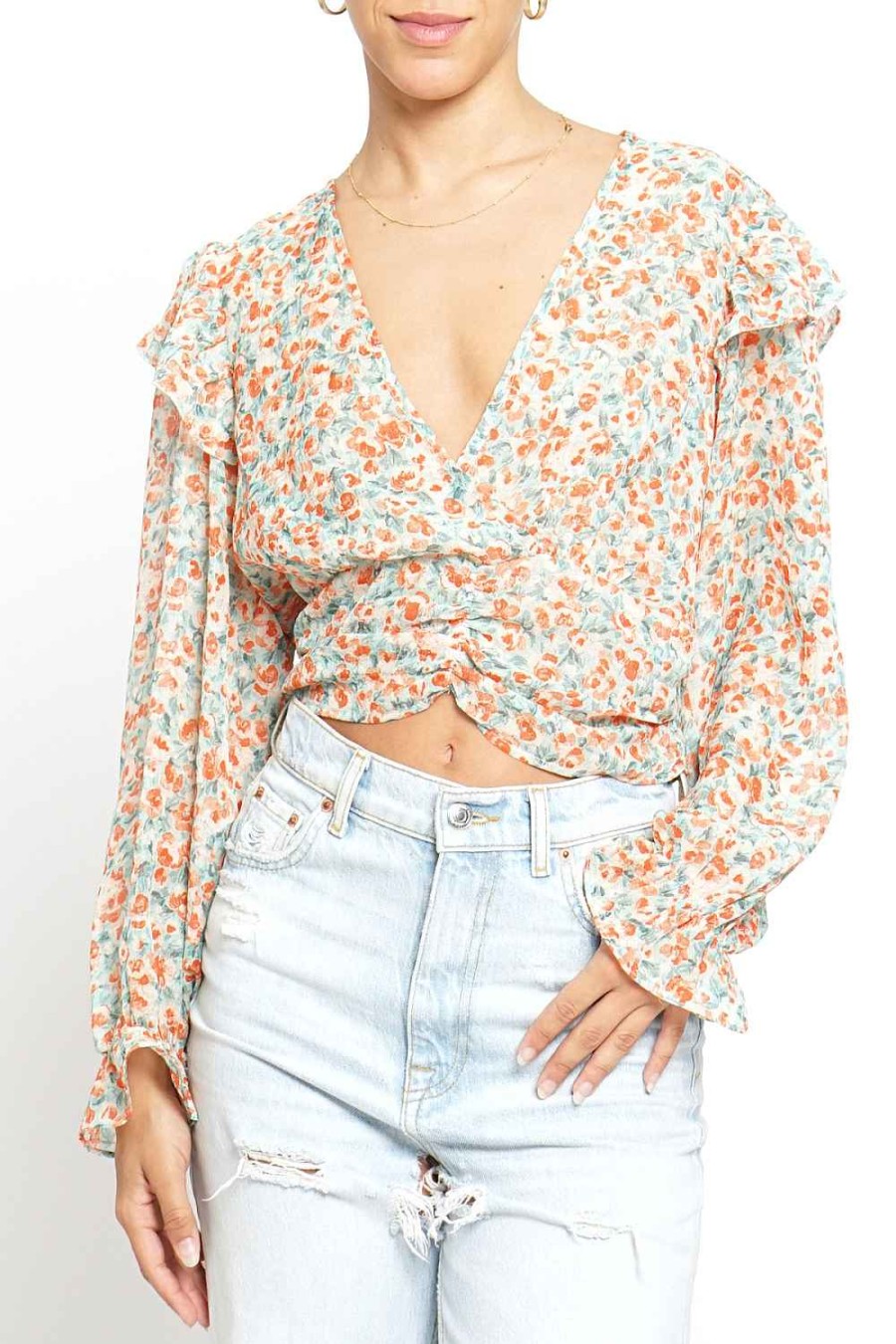 Women Sans Souci Long Sleeve Tops | Ruffle Ruched Floral Blouse