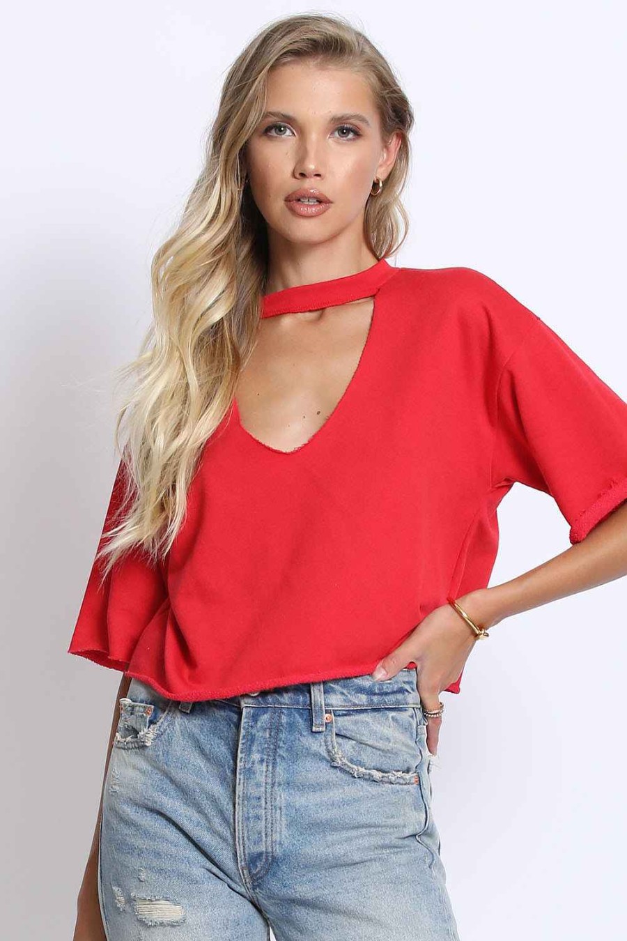 Women Sans Souci Short Sleeve Tops | French Terry Choker Tee Red