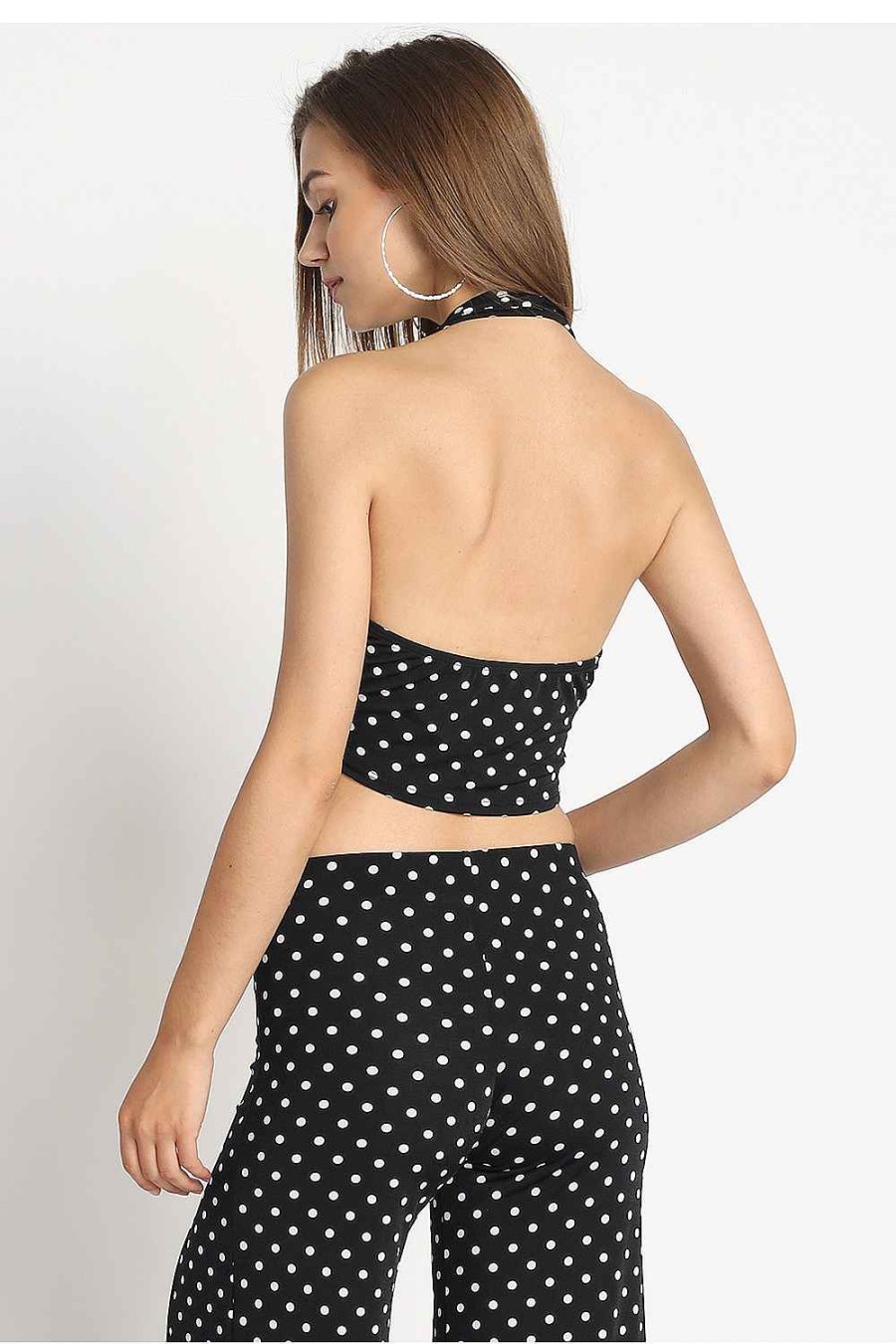 Women Sans Souci Sleeveless Tops | Polka Dot Knit Halter Top Blk Wht