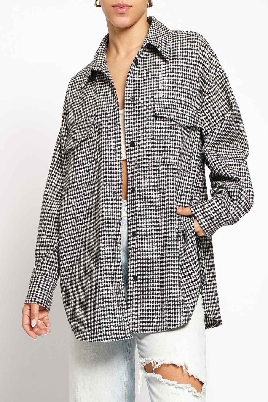 Women Sans Souci Long Sleeve Tops | Houndstooth Flap Pocket Shacket