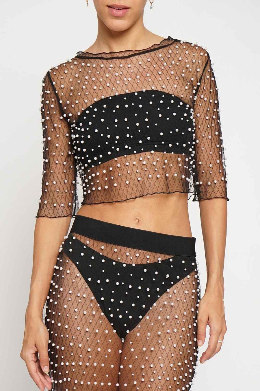 Women Sans Souci Crop Tops | Pearl Mesh Top Black