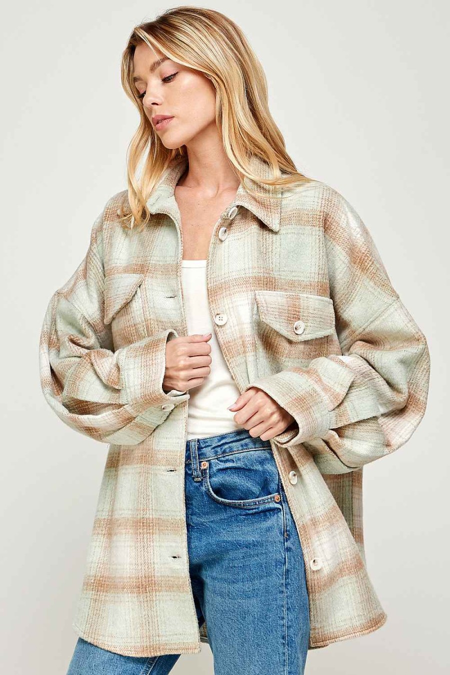 Women Sans Souci Jackets | Brushed Plaid Shacket Sage Beige