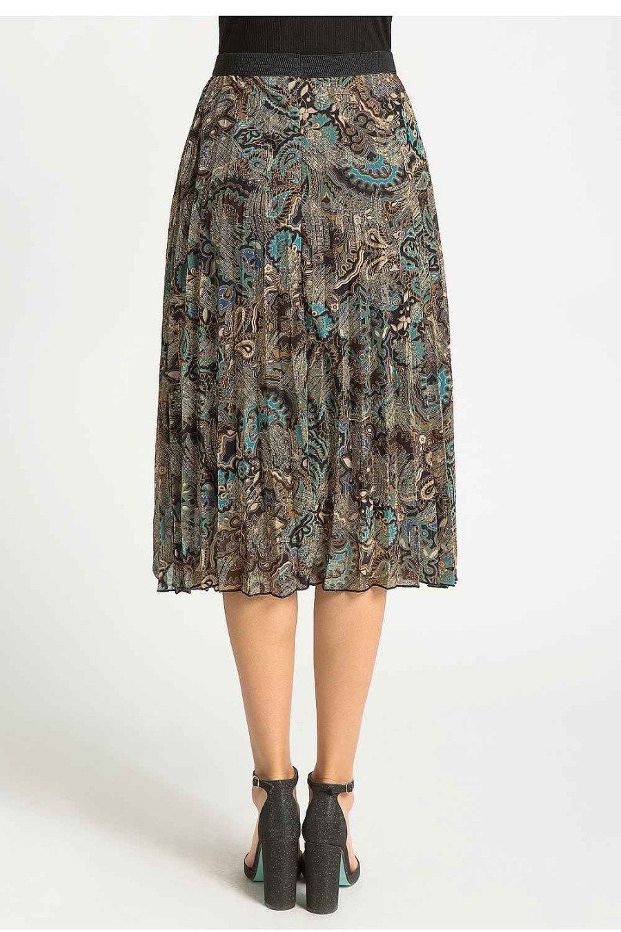 Women Sans Souci Skirts | Foil Print Pleated Skirt Black Green