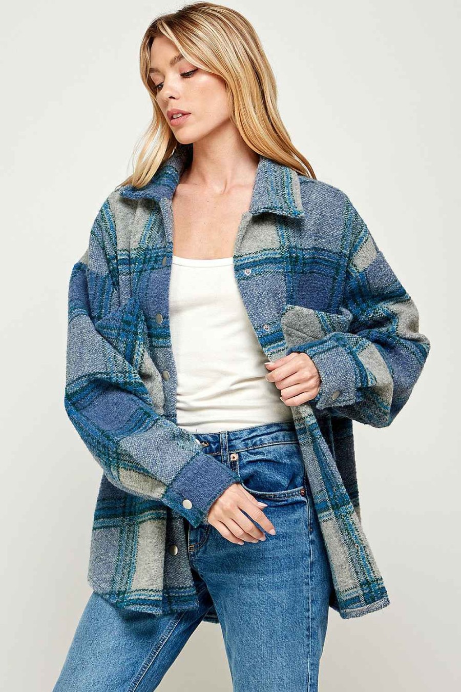 Women Sans Souci Shirts & T-Shirts | Snap Button Plaid Shirt