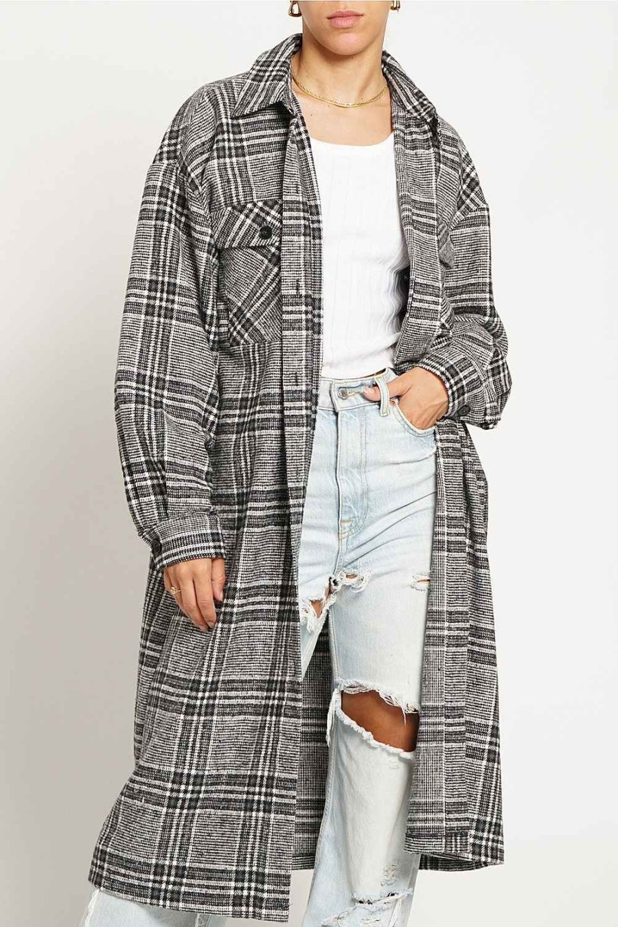 Women Sans Souci Coats | Plaid Long Coat Black Grey