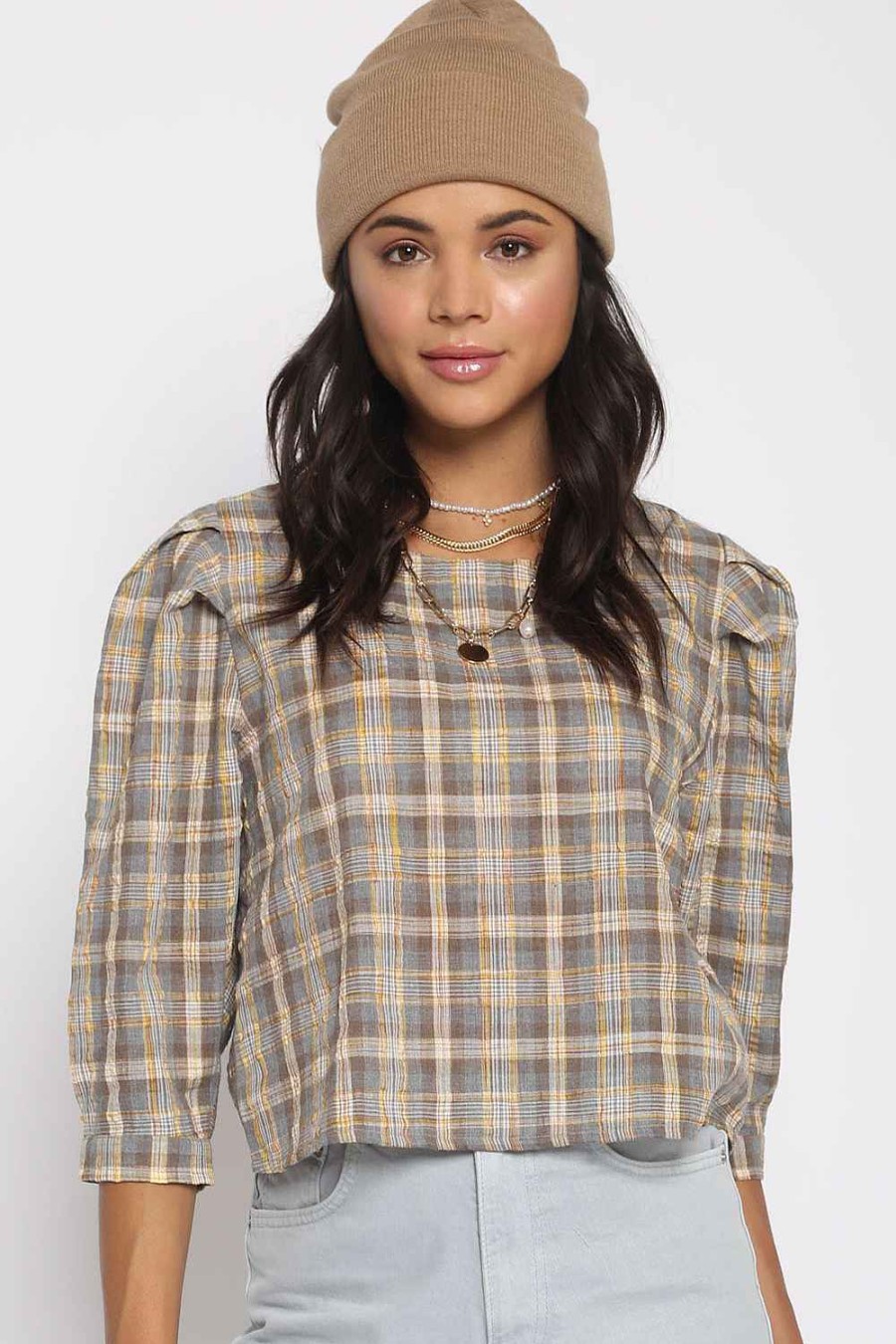 Women Sans Souci 3/4 Sleeve Tops | Plaid Puff Sleeve Top Taupe