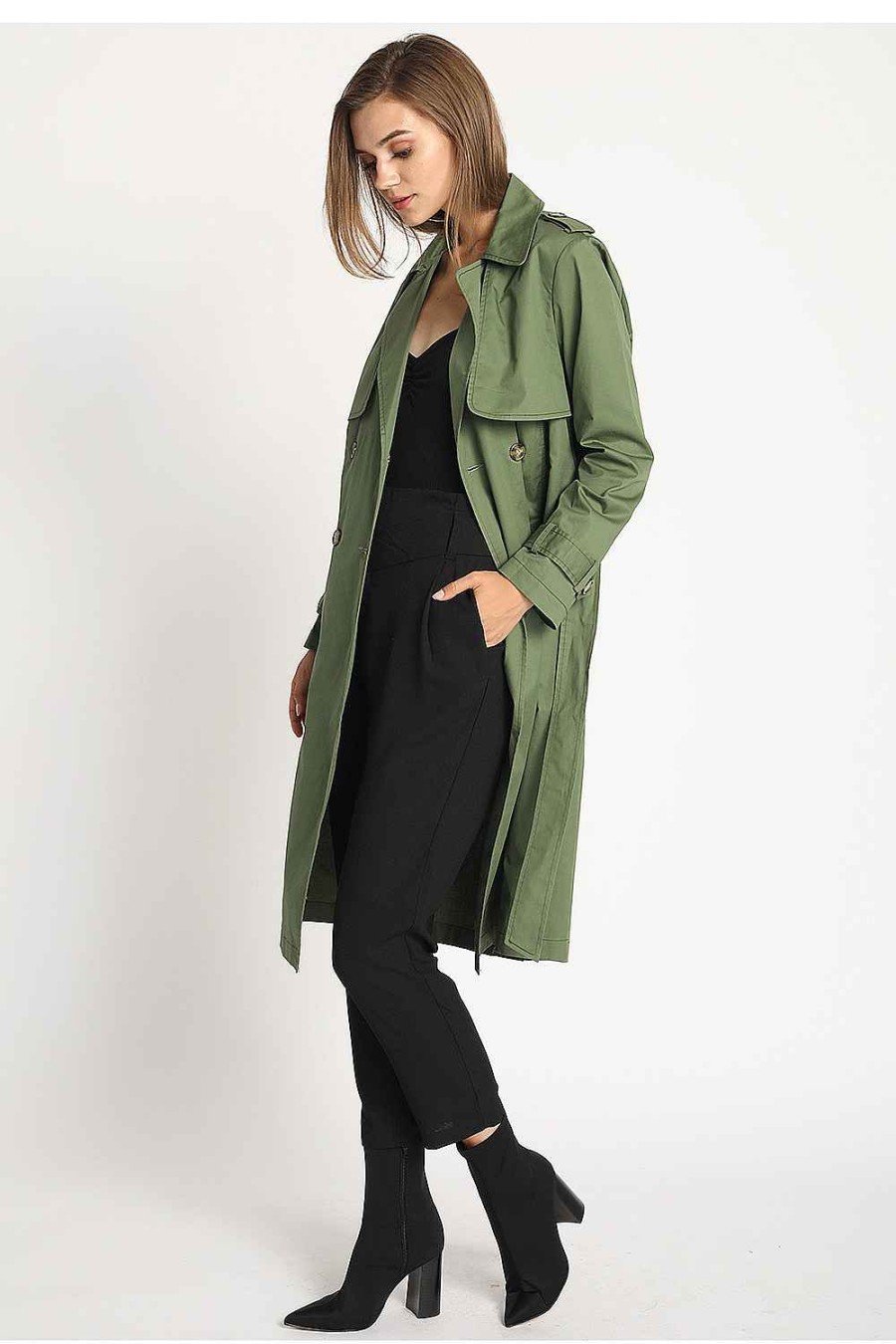 Women Sans Souci Coats | Double Breast Trench Coat Green