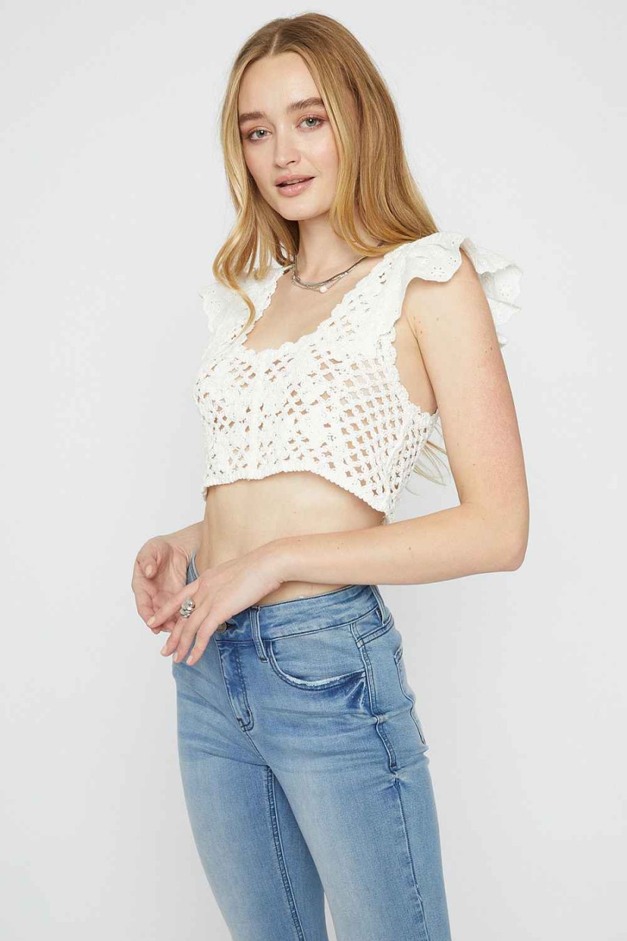 Women Sans Souci Sleeveless Tops | Flutter Sleeve Crochet Top