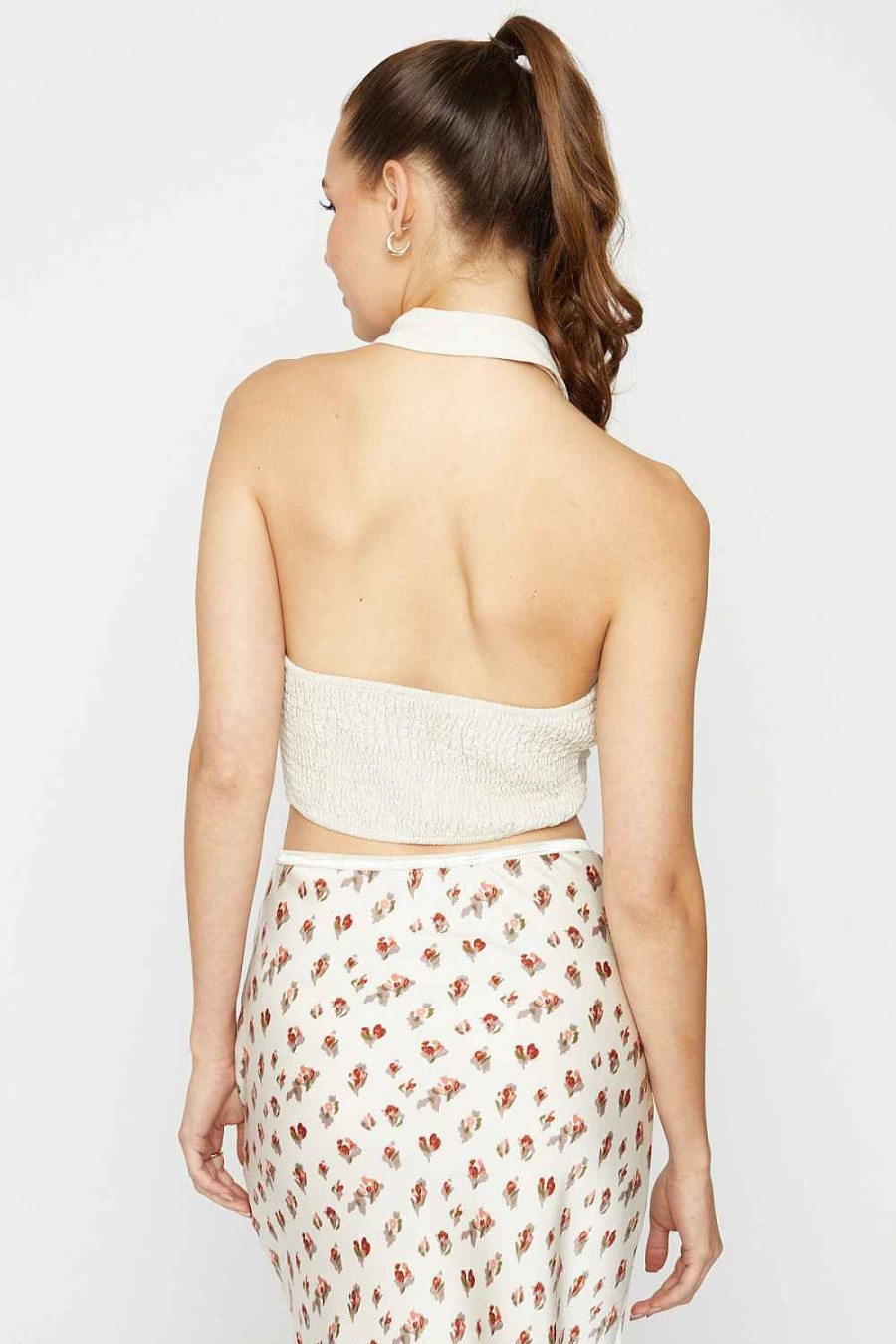 Women Sans Souci Sleeveless Tops | Shirred Linen Halter Top