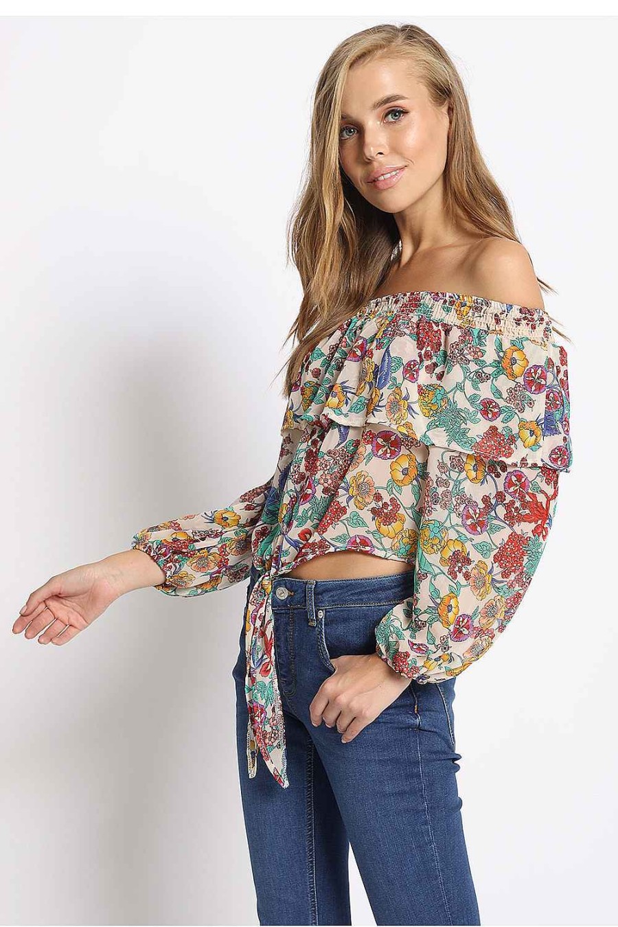 Women Sans Souci Long Sleeve Tops | Floral Tie Front Off Shoulder Top Ivory Multi