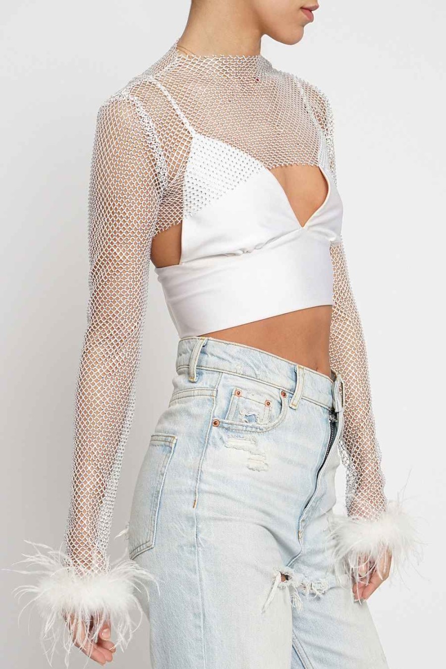 Women Sans Souci Crop Tops | Feather And Rhinestone Shrug