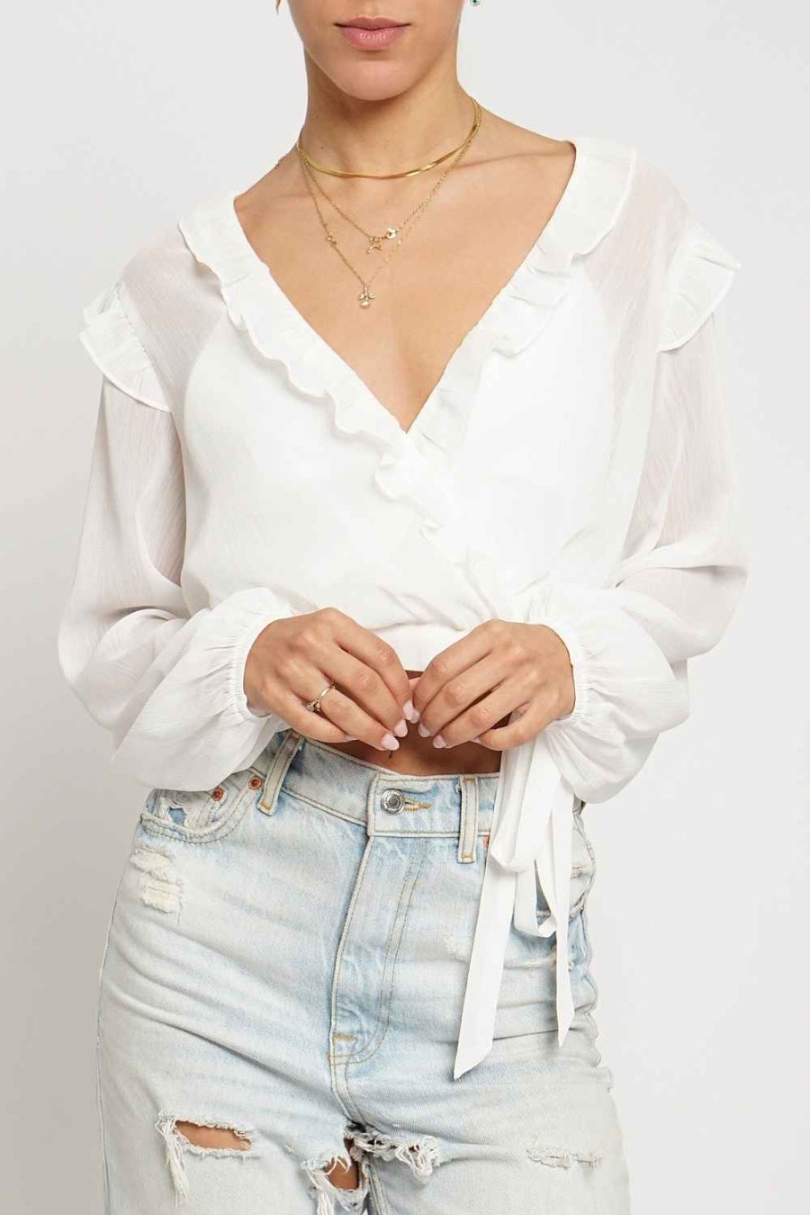 Women Sans Souci Crop Tops | Ruffle Wrap Long Sleeve Crop Blouse