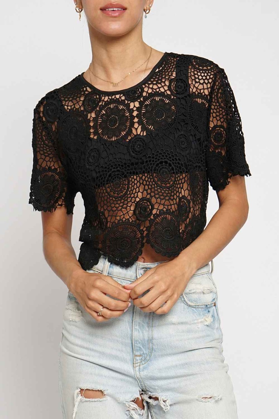 Women Sans Souci Shirts & T-Shirts | Boxy Crochet Lace Crop Top