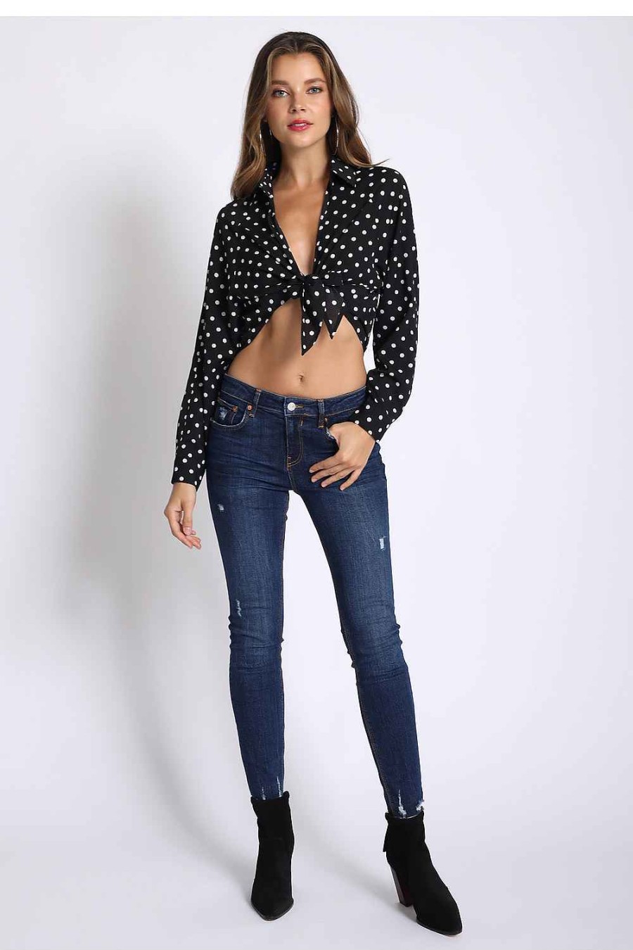 Women Sans Souci Long Sleeve Tops | Polka Dot Front Tie Top