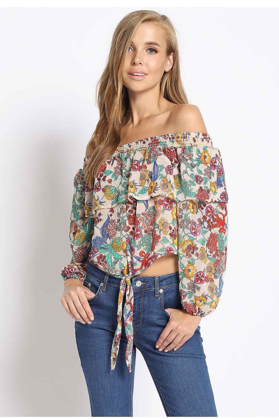 Women Sans Souci Off Shoulder Tops | Floral Tie Front Off Shoulder Top Ivory Multi