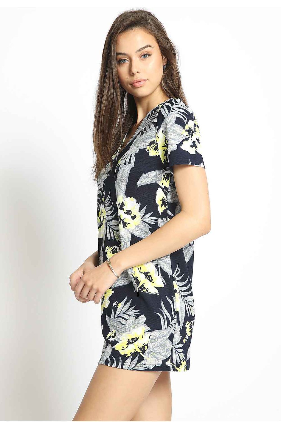 Women Sans Souci Mini Dresses | Tropical Print Shift Dress Navy Yellow