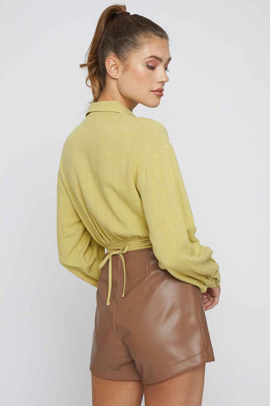 Women Sans Souci Crop Tops | Button Tie Waist Crop Top Chartreuse