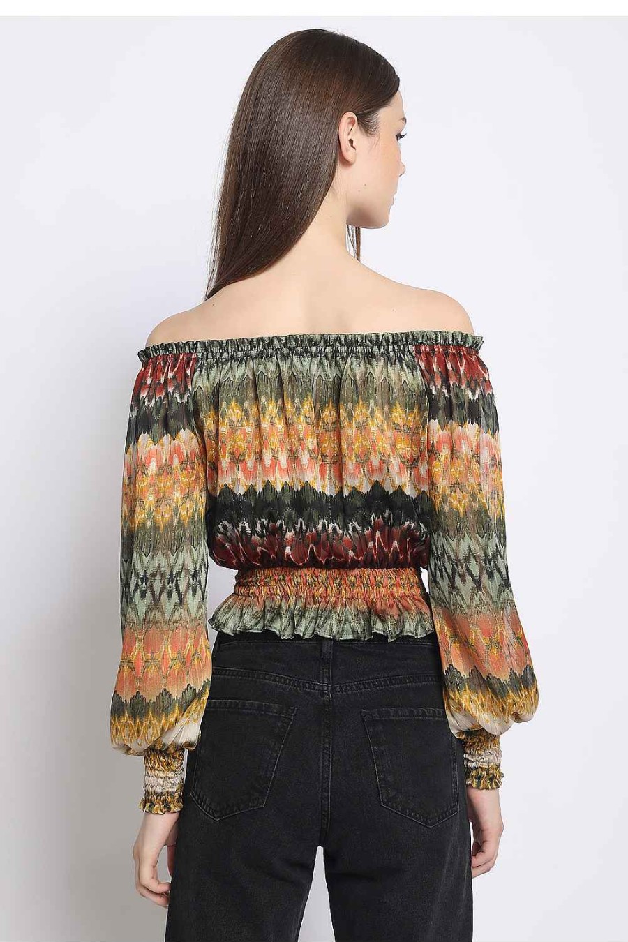 Women Sans Souci Off Shoulder Tops | Off Shoulder Peasant Top Green Multi