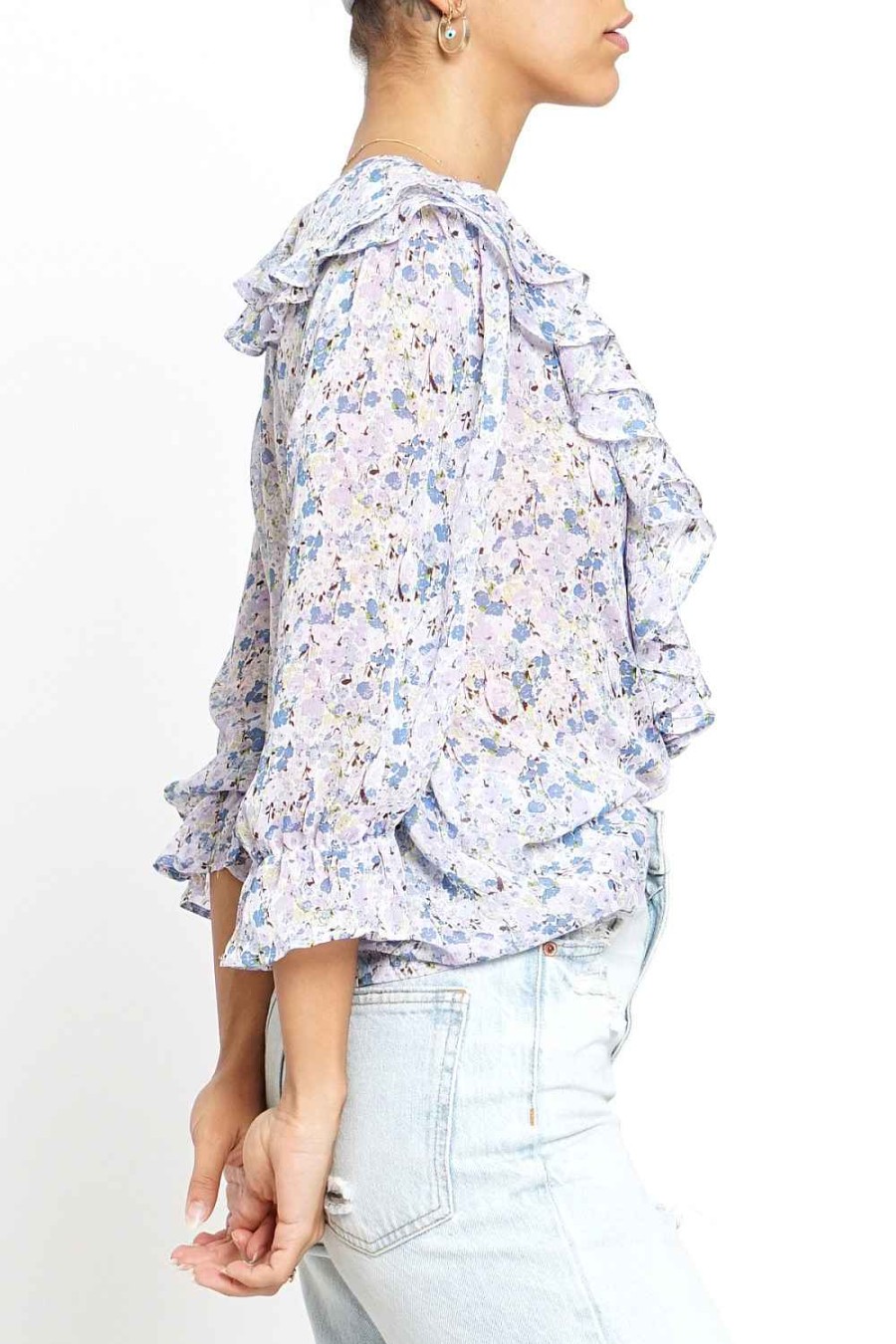 Women Sans Souci 3/4 Sleeve Tops | Floral Print Ruffle Blouse