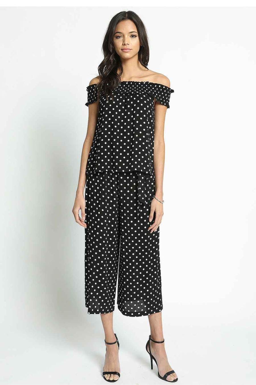 Women Sans Souci Off Shoulder Tops | Polka Dot Off Shoulder Top Black White