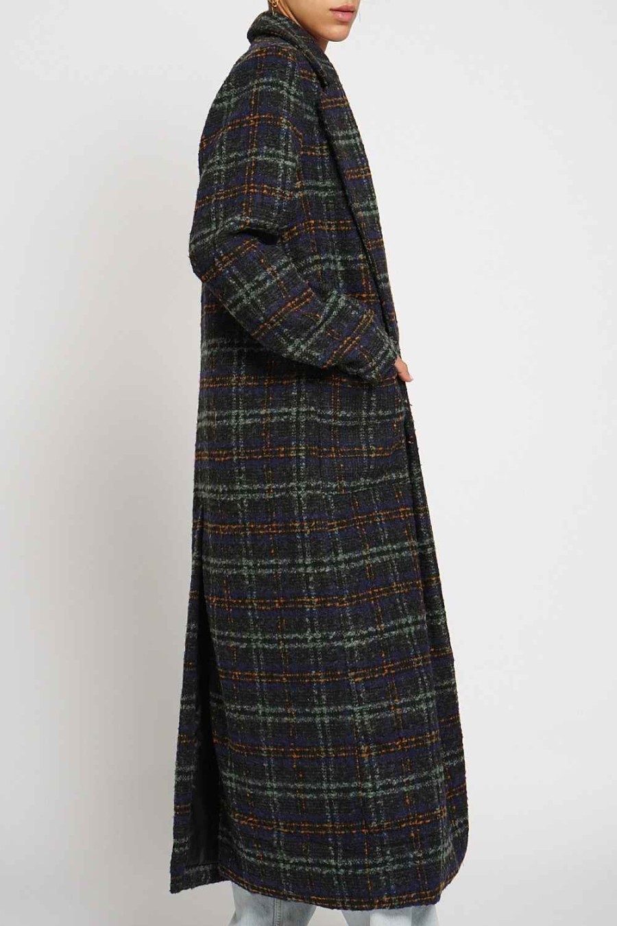 Women Sans Souci Coats | Long Plaid Coat Navy Combo