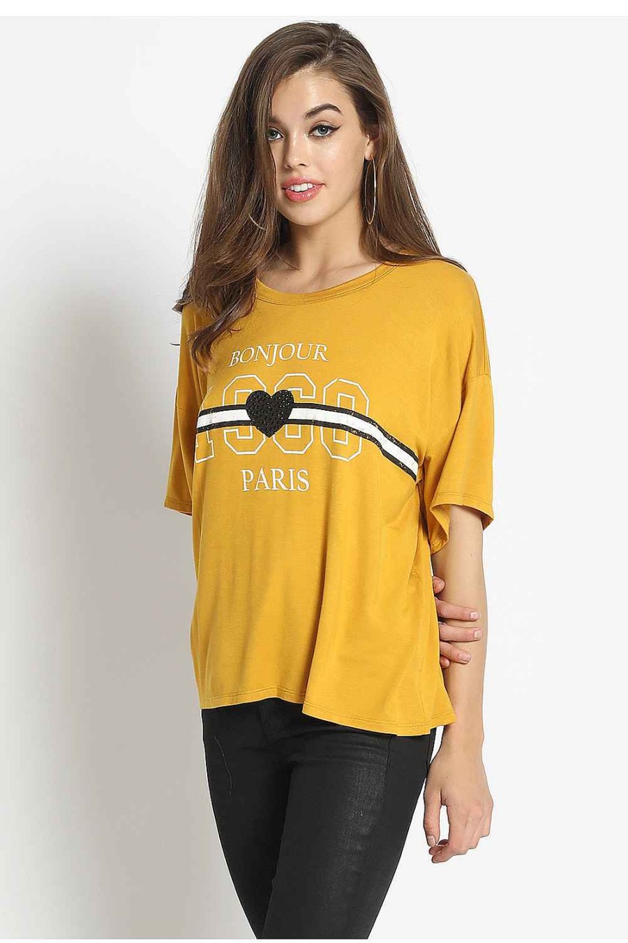 Women Sans Souci Short Sleeve Tops | Embellished Graphic Drop Shoulder Tee Mustard